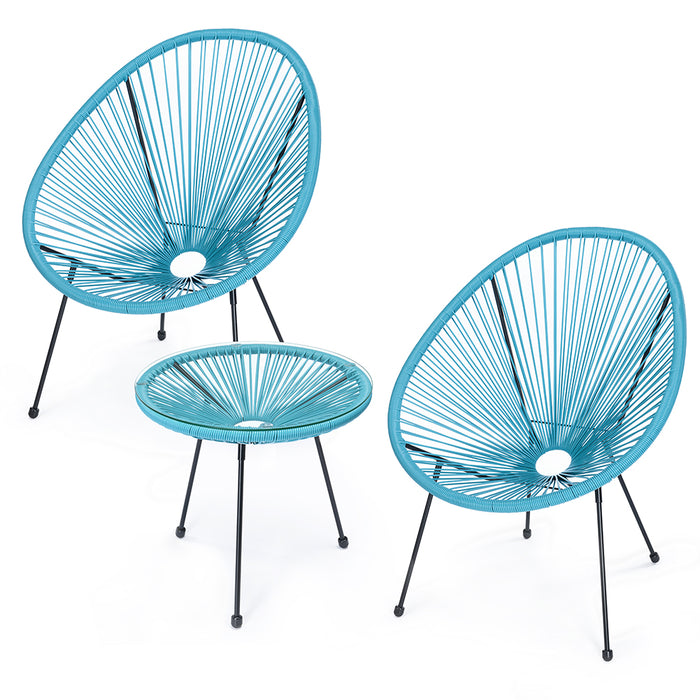 Set Patio in Polyrattan con 2 Sedie e 1 Tavolo per Giardino Esterno Azzurro
