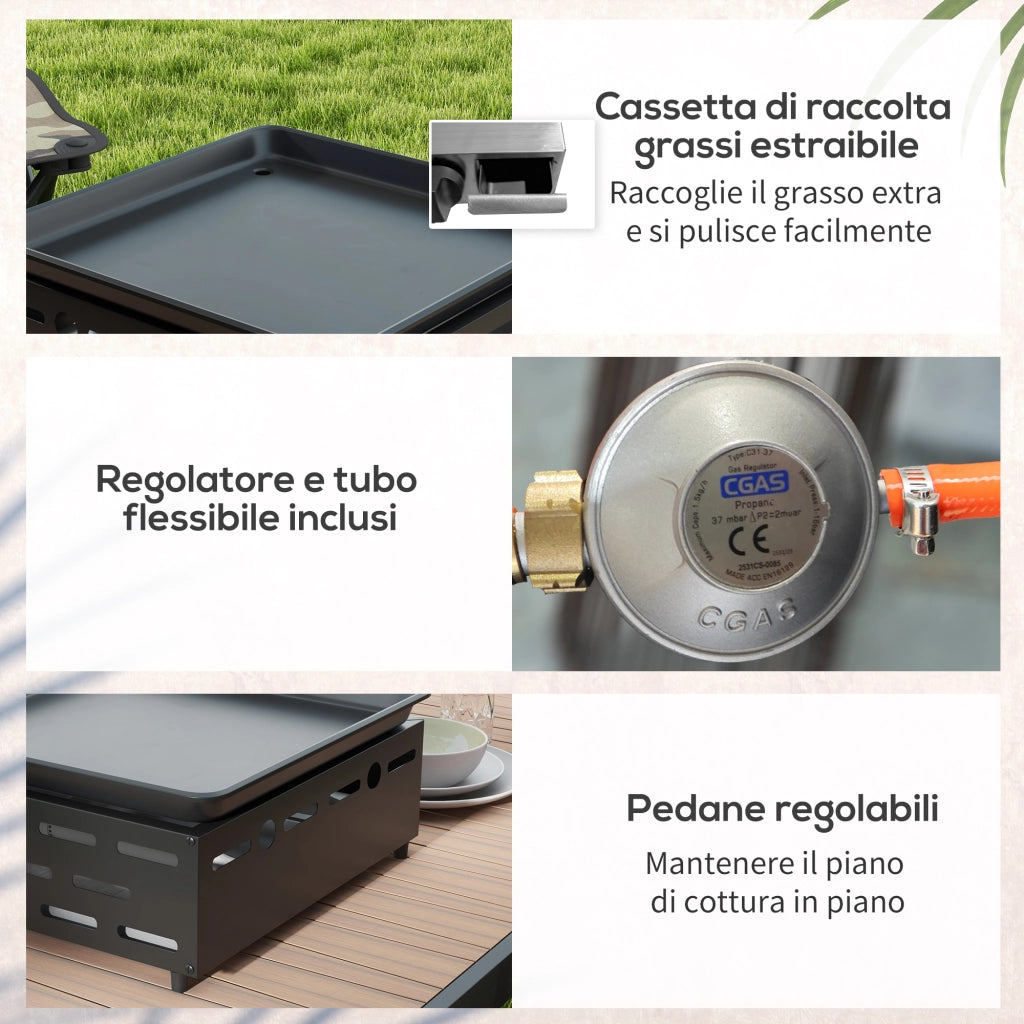 Piastra Barbecue a Gas con 2 Bruciatori, Piano Antiaderente e Potenza 4.8kw, Argento