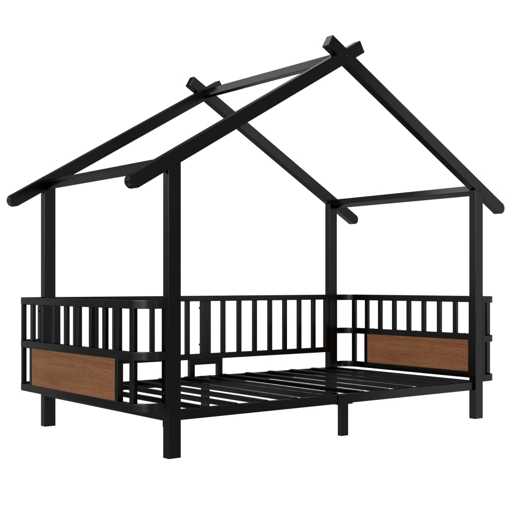 Letto per bambini in metallo a forma di casetta 90x200 cm, con sponde di sicurezza, nero