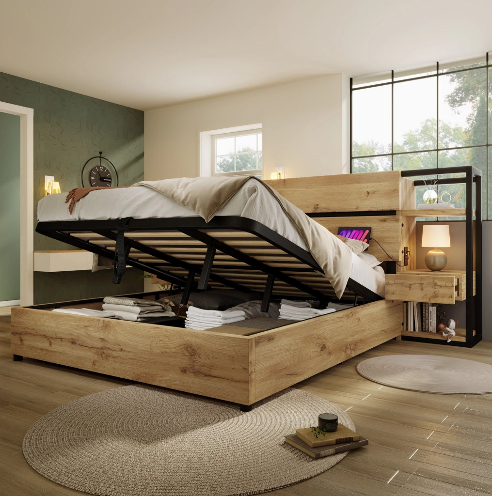 Letto matrimoniale 180x200 cm con contenitore, comodini e ricarica USB/Type-C