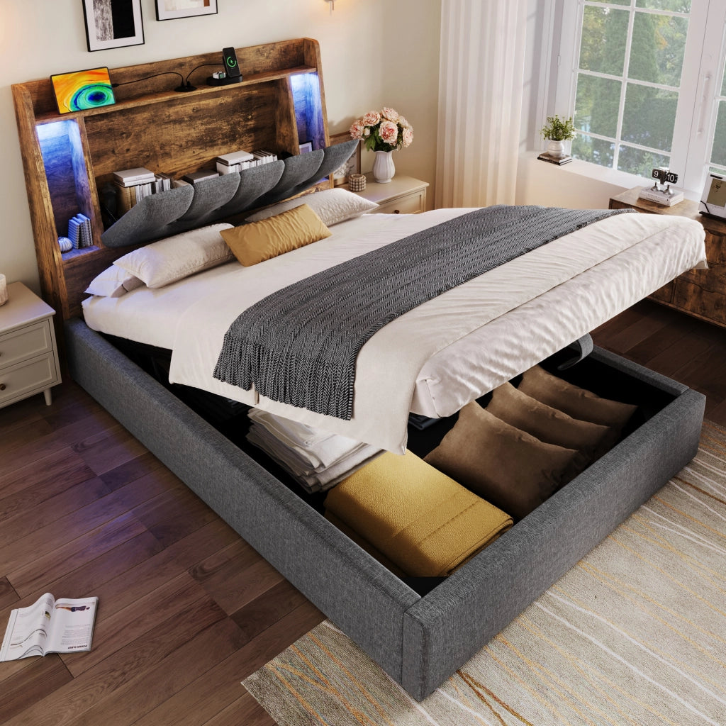 Letto imbottito 90x200 cm con ricarica USB e Type-C; LED e contenitore in lino e MDF