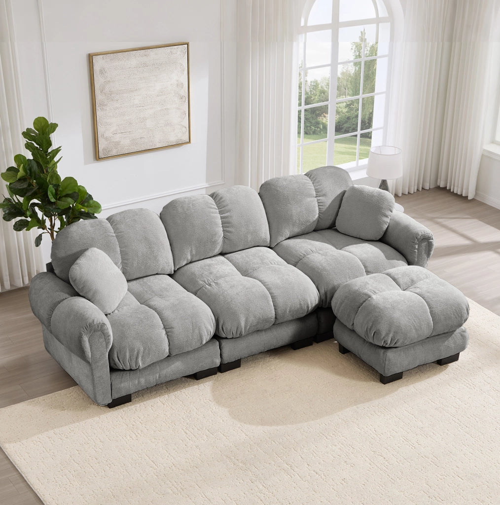 Divano angolare 3 posti con pouf mobile 260x149x90 cm in chenille grigio chiaro