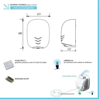 Asciugamani elettrico con sensore 1100W in acciaio inox lucido