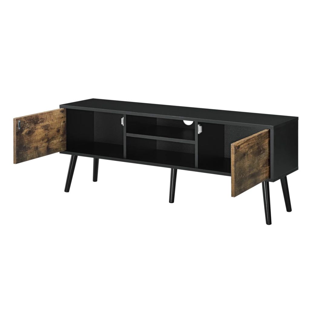 Mobile porta TV con supporto TV da 120 cm gambe in legno rivestimento in PVC nero finitura legno scuro 03_0005865