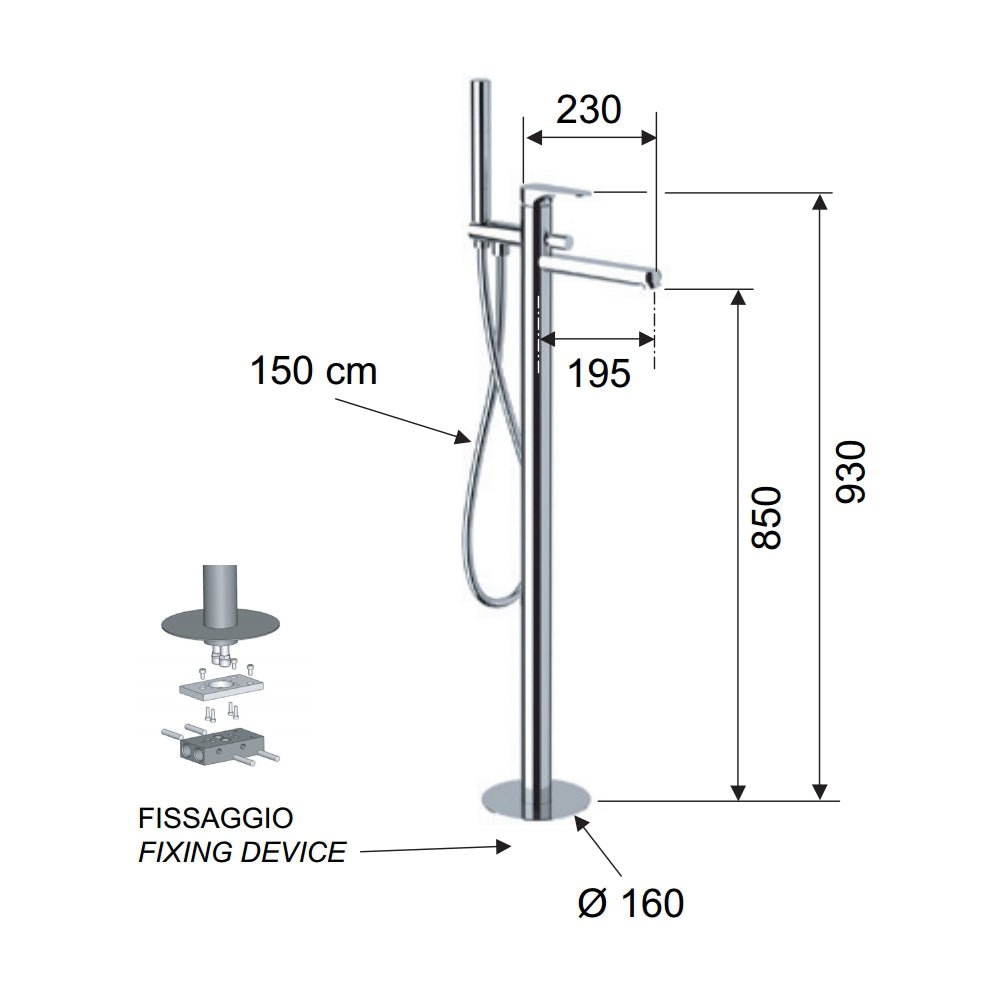 Rubinetto bordo vasca da pavimento, con deviatore e kit doccia - serie class line