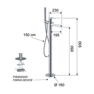 Rubinetto bordo vasca da pavimento, con deviatore e kit doccia - serie class line