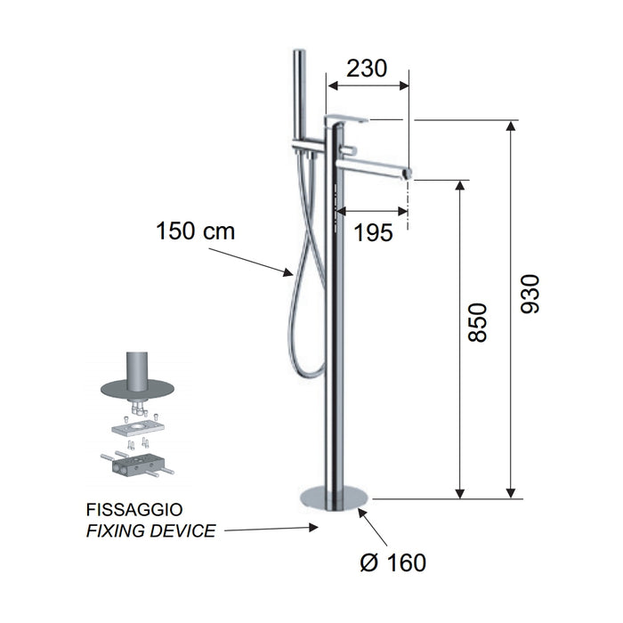 Rubinetto bordo vasca da pavimento, con deviatore e kit doccia - serie class line
