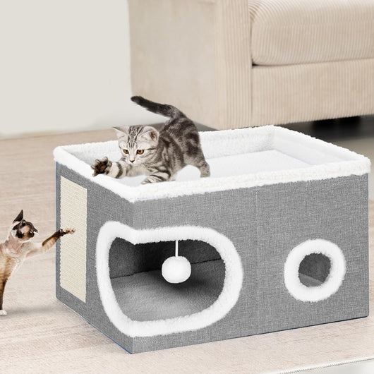 Cuccia Casa per Gatti Cubo Grigio Tiragraffi Casetta Animali Domestici 58x42x33cm