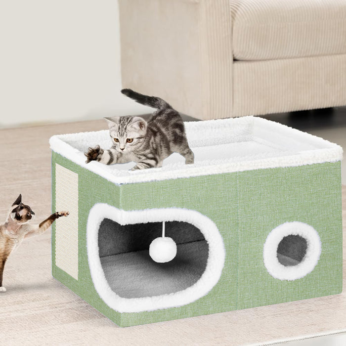 Cuccia Casa per Gatti Cubo Verde Tiragraffi Casetta Animali Domestici 58x42x33cm