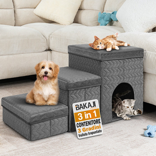 Scala per Animali 3 in 1 Multifunzione Pieghevole Vano Contenitore Grigio Scuro