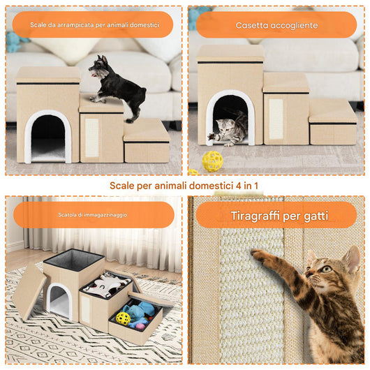 Scala per Animali 3in1 Multifunzione Scaletta Beige Pieghevole Vano Contenitore