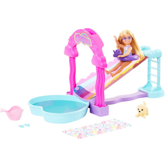 Barbie Chelsea con Scivolo d'Acqua Arcobaleno Playset con Bambola e Cucciolo