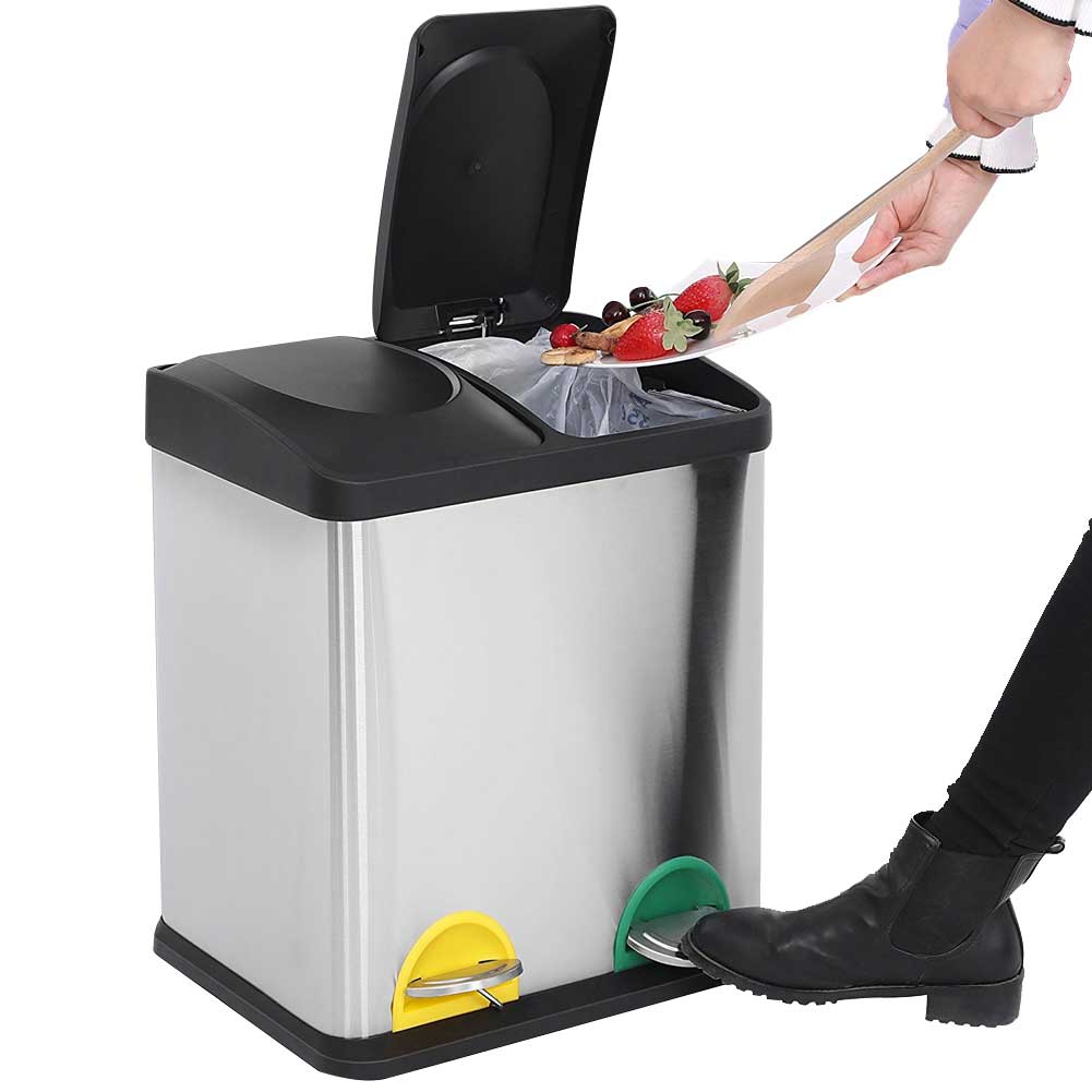 Pattumiera Raccolta Differenziata Acciaio 30LT 2 Scomparti con Pedale Silver Nero