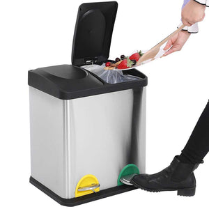 Pattumiera Raccolta Differenziata Acciaio 30LT 2 Scomparti con Pedale Silver Nero