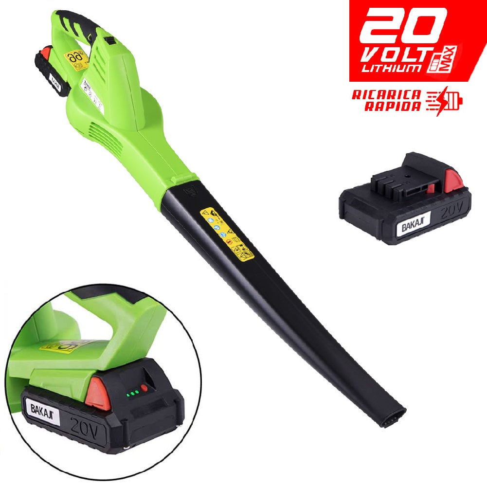 Soffiatore Elettrico a Batteria 20V 2AH 6Velocità per Foglie Giardino Ricarica Rapida