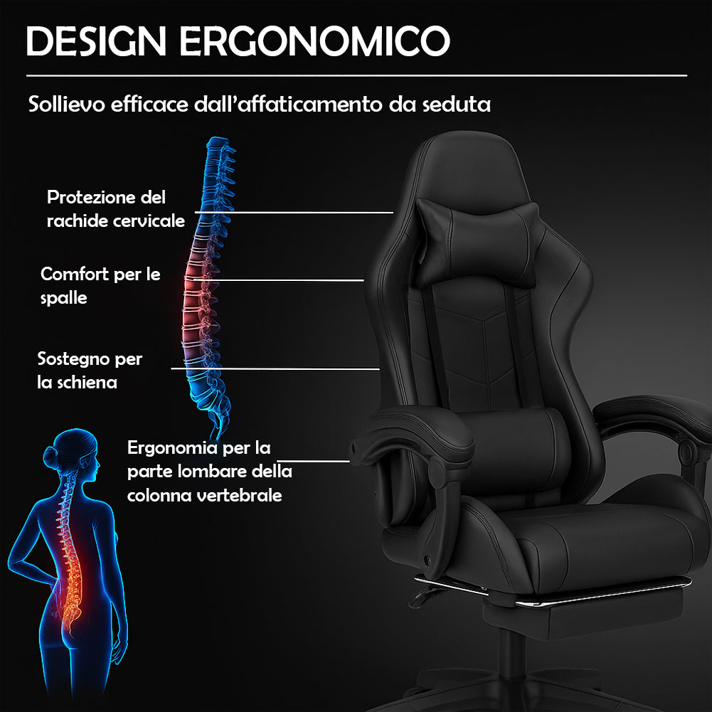 Sedia da Gaming Ecopelle Nero Seduta Reclinabile da Scrivania Ufficio Cameretta