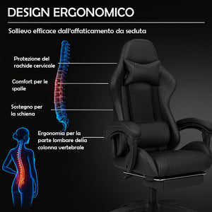 Sedia da Gaming Ecopelle Nero Seduta Reclinabile da Scrivania Ufficio Cameretta