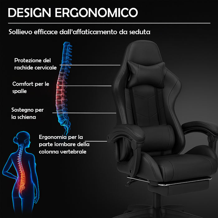 Sedia da Gaming Ecopelle Nero Seduta Reclinabile da Scrivania Ufficio Cameretta