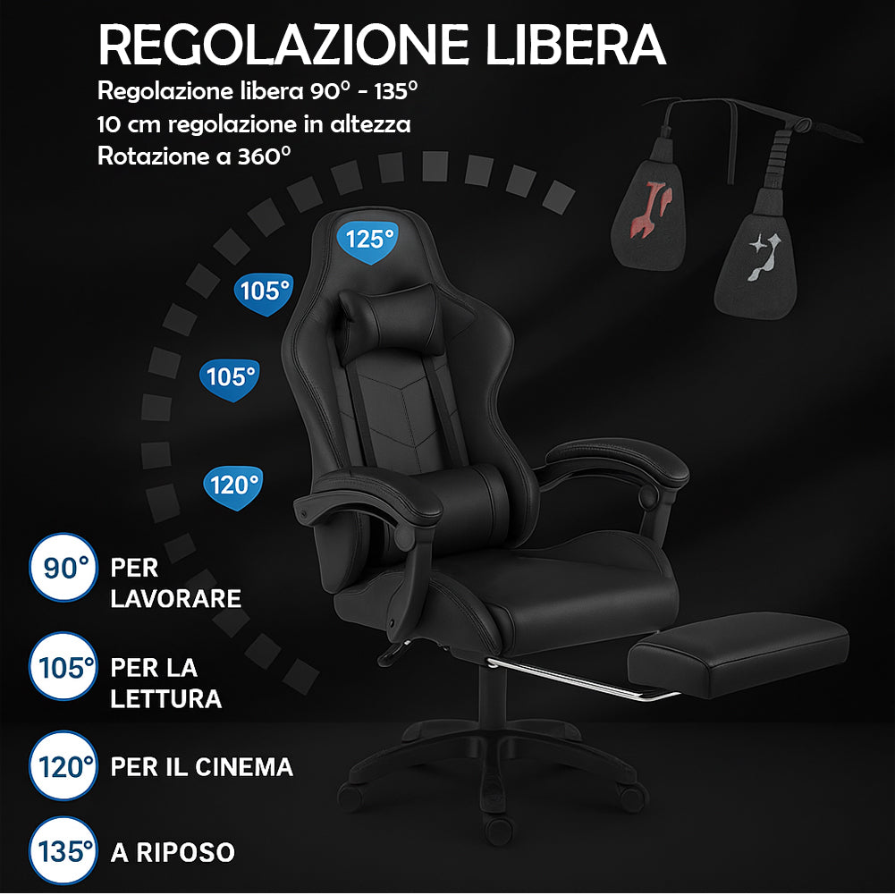 Sedia da Gaming Ecopelle Nero Seduta Reclinabile da Scrivania Ufficio Cameretta