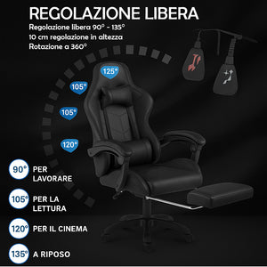 Sedia da Gaming Ecopelle Nero Seduta Reclinabile da Scrivania Ufficio Cameretta