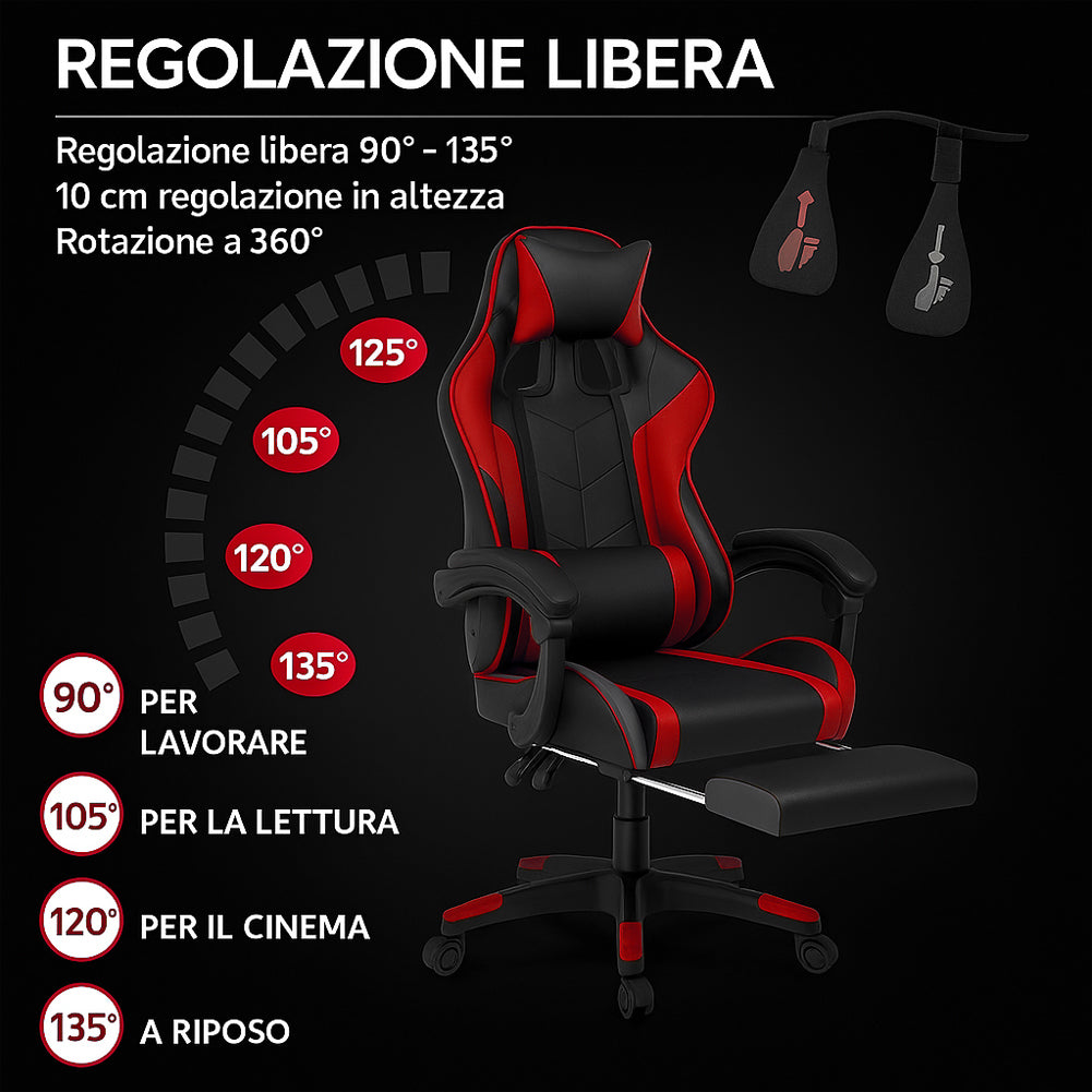 Sedia da Gaming Ecopelle Nero e Rosso Reclinabile da Scrivania Ufficio Cameretta