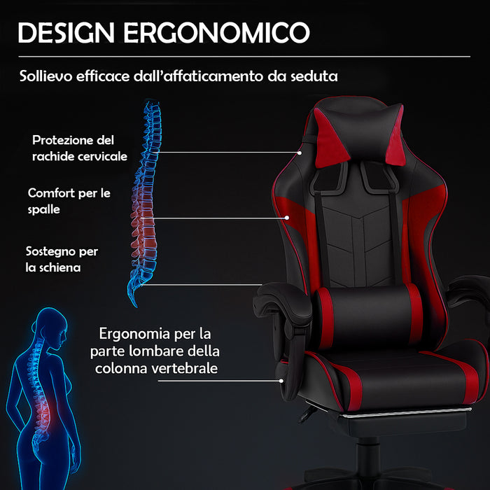 Sedia da Gaming Ecopelle Nero e Rosso Reclinabile da Scrivania Ufficio Cameretta