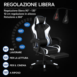 Sedia da Gaming Ecopelle Nero e Bianco Reclinabile da Scrivania Ufficio Cameretta