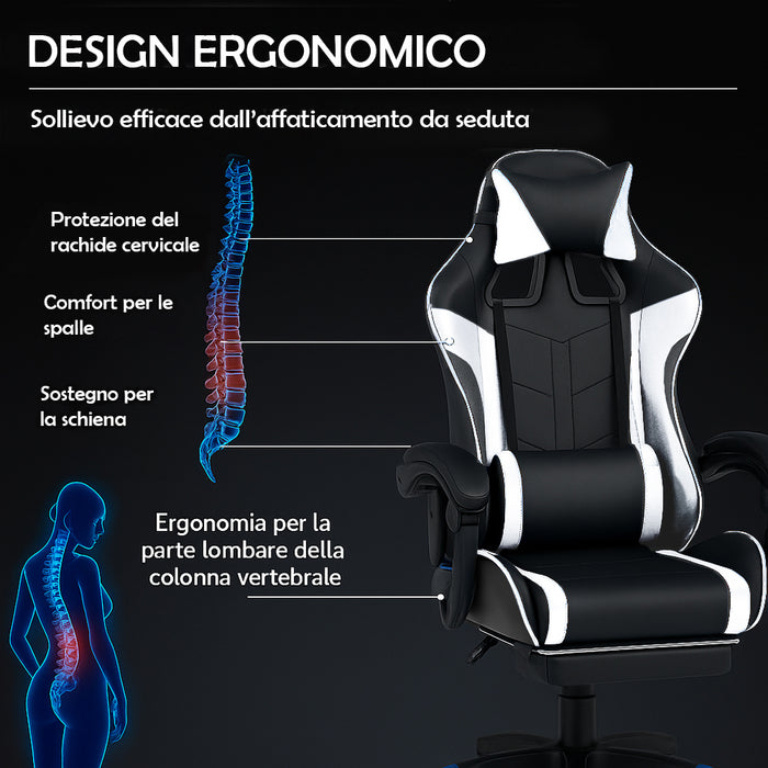 Sedia da Gaming Ecopelle Nero e Bianco Reclinabile da Scrivania Ufficio Cameretta