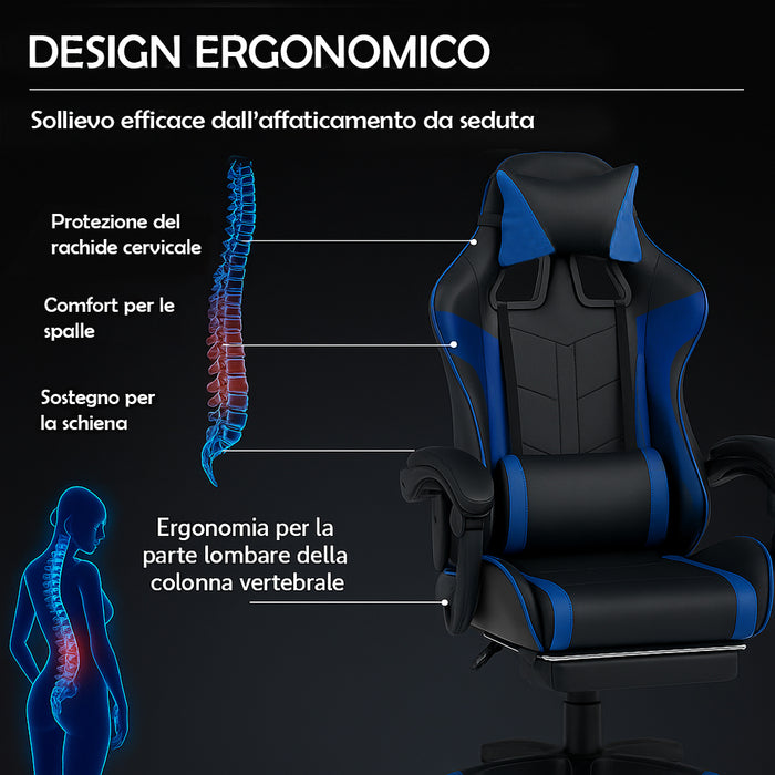 Sedia da Gaming Ecopelle Nero e Blu Reclinabile da Scrivania Ufficio Cameretta
