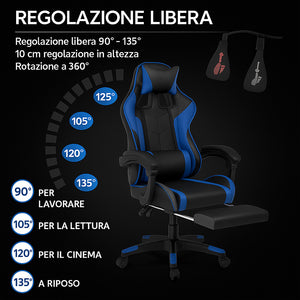 Sedia da Gaming Ecopelle Nero e Blu Reclinabile da Scrivania Ufficio Cameretta