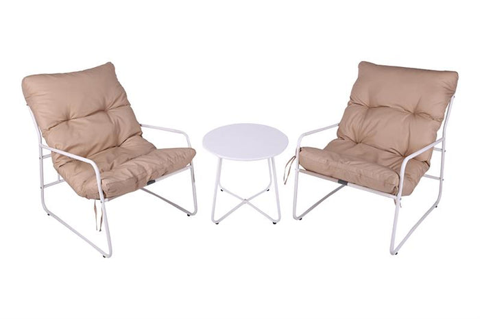 SET DI DUE POLTRONE 65X86X86 DI COLORE BEIGE CON STRUTTURA IN METALLO E CUSCINO BEIGE + TAVOLINO BIANCO IN METALLO 40X50 CM