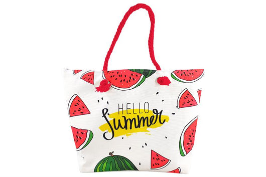 BORSA MARE CON MANICI IN CORDA 55X40X13 CM COLORATA CON SCRITTA HELLO SUMMER MODELLO BIANCO CON COCOMERI - IN STOFFA