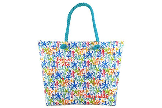 BORSA MARE CON MANICI IN CORDA 55X40X13 CM COLORATA CON SCRITTA PLACE TO BE ITALIAN HOLIDAY CON STELLE MARINE- IN STOFFA
