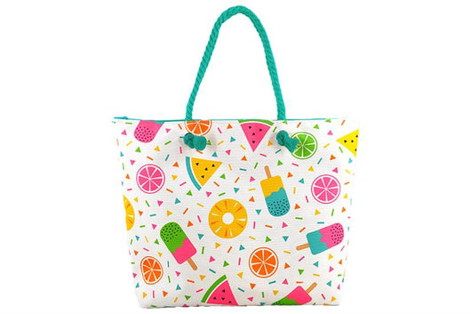 BORSA MARE CON MANICI IN CORDA 55X40X13 CM COLORATA BIANCA CON COCOMERI GELATI E FRUTTA - IN STOFFA