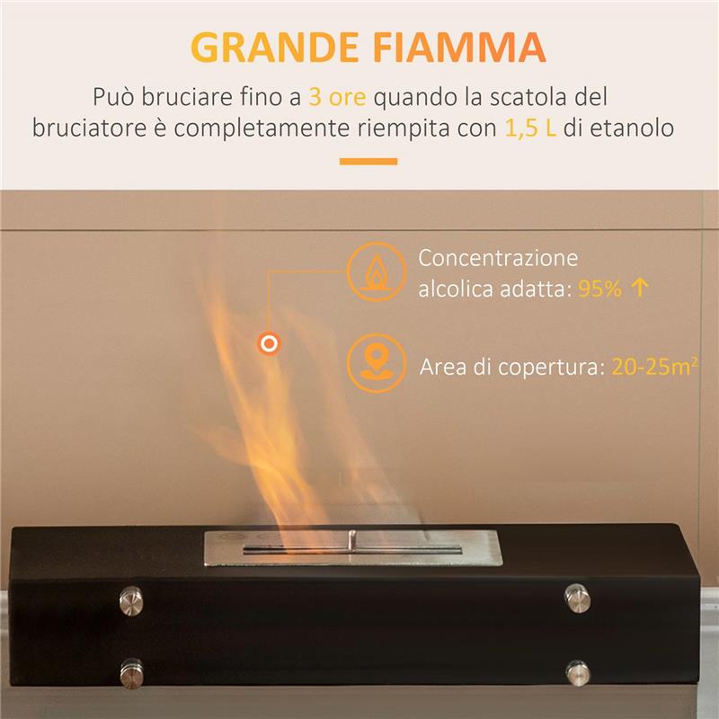 CAMINO BIOETANOLO IN METALLO E VETRO 3H DI COMBUSTIONE CON SERBATOIO 1.5L E COPERTURA 25M² 60X26X50 CM NERO