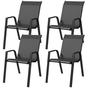 SET 4 SEDIE DA GIARDINO IMPILABILI CON BRACCIOLI IN RATTAN PE E ACCIAIO GRIGIO