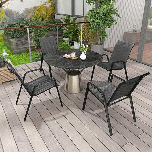 SET 4 SEDIE DA GIARDINO IMPILABILI CON BRACCIOLI IN RATTAN PE E ACCIAIO GRIGIO