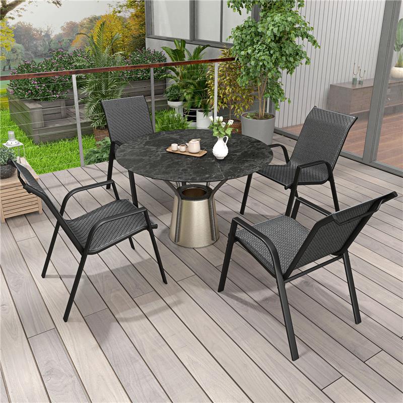 SET 4 SEDIE DA GIARDINO IMPILABILI CON BRACCIOLI IN RATTAN PE E ACCIAIO GRIGIO