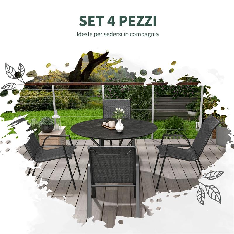 SET 4 SEDIE DA GIARDINO IMPILABILI CON BRACCIOLI IN RATTAN PE E ACCIAIO GRIGIO