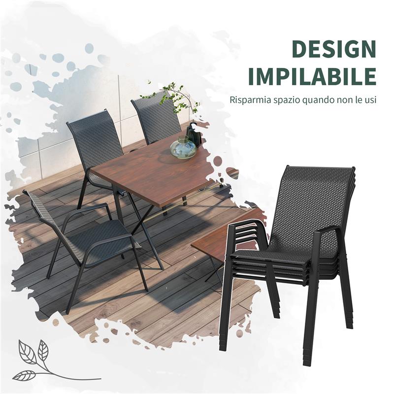 SET 4 SEDIE DA GIARDINO IMPILABILI CON BRACCIOLI IN RATTAN PE E ACCIAIO GRIGIO