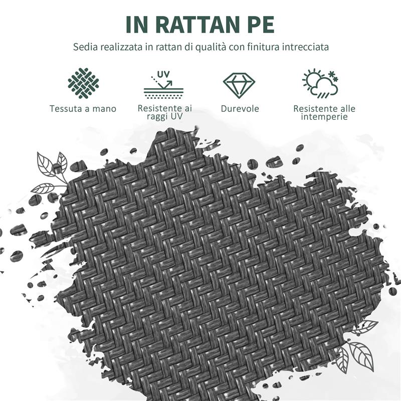 SET 4 SEDIE DA GIARDINO IMPILABILI CON BRACCIOLI IN RATTAN PE E ACCIAIO GRIGIO