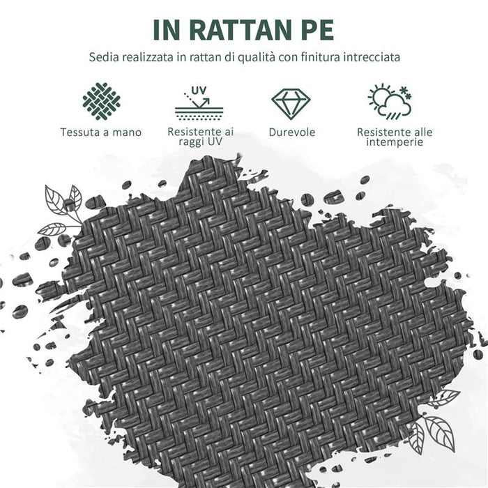 SET 4 SEDIE DA GIARDINO IMPILABILI CON BRACCIOLI IN RATTAN PE E ACCIAIO GRIGIO