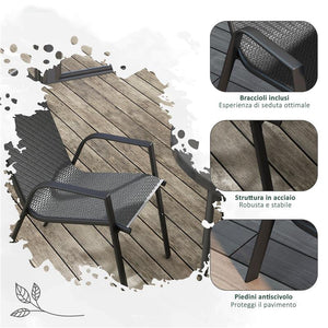 SET 4 SEDIE DA GIARDINO IMPILABILI CON BRACCIOLI IN RATTAN PE E ACCIAIO GRIGIO