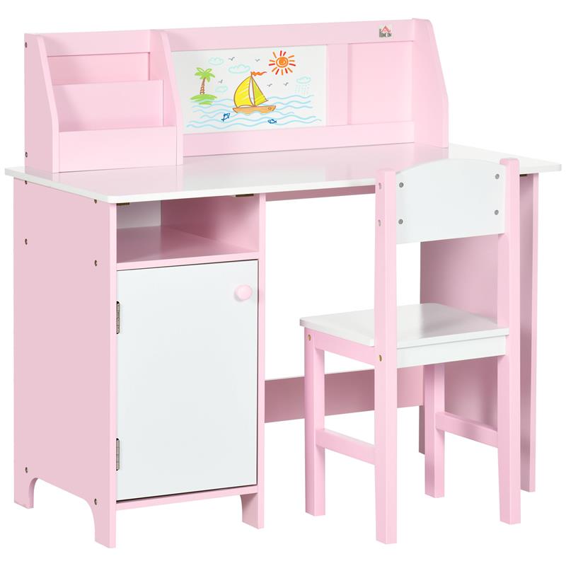 SET TAVOLO E SEDIE PER BAMBINI 5+ ANNI IN LEGNO CON BANCO SCUOLA 90X45X85 CM E SEDIA 29X29X66 BIANCO E ROSA