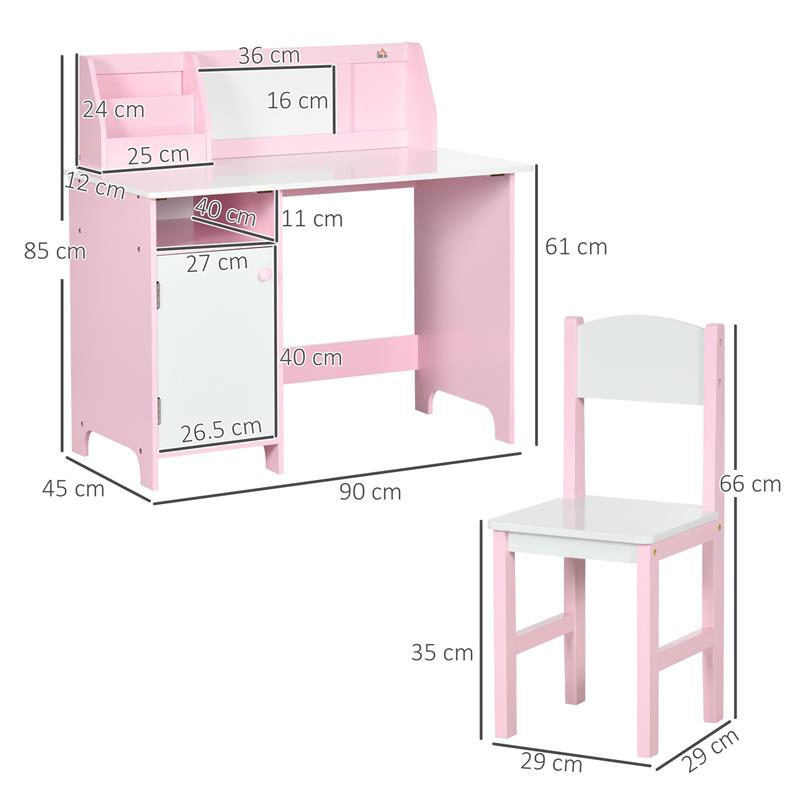 SET TAVOLO E SEDIE PER BAMBINI 5+ ANNI IN LEGNO CON BANCO SCUOLA 90X45X85 CM E SEDIA 29X29X66 BIANCO E ROSA