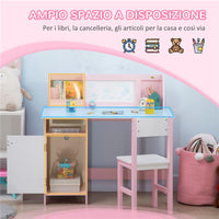 SET TAVOLO E SEDIE PER BAMBINI 5+ ANNI IN LEGNO CON BANCO SCUOLA 90X45X85 CM E SEDIA 29X29X66 BIANCO E ROSA