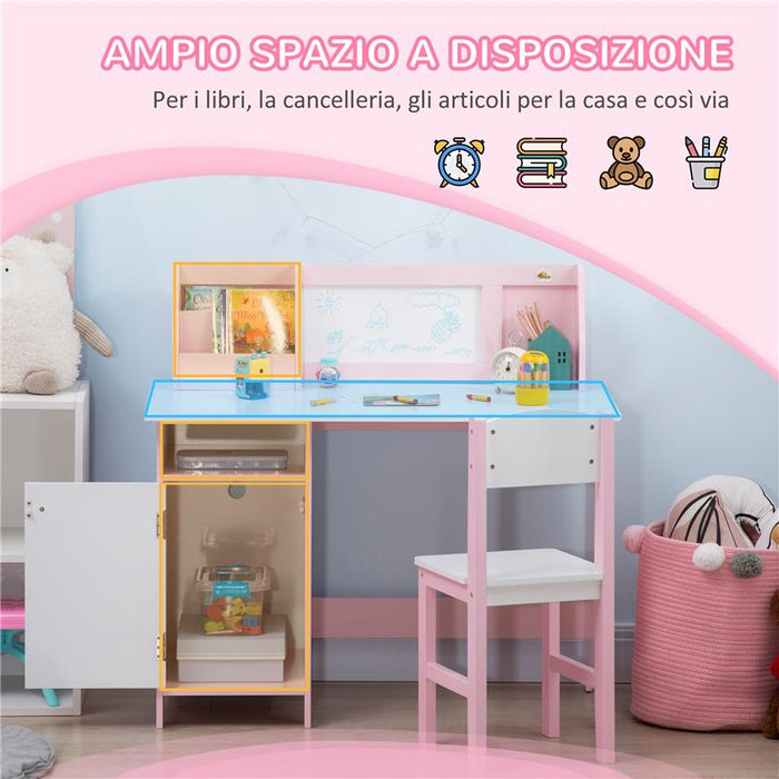 SET TAVOLO E SEDIE PER BAMBINI 5+ ANNI IN LEGNO CON BANCO SCUOLA 90X45X85 CM E SEDIA 29X29X66 BIANCO E ROSA