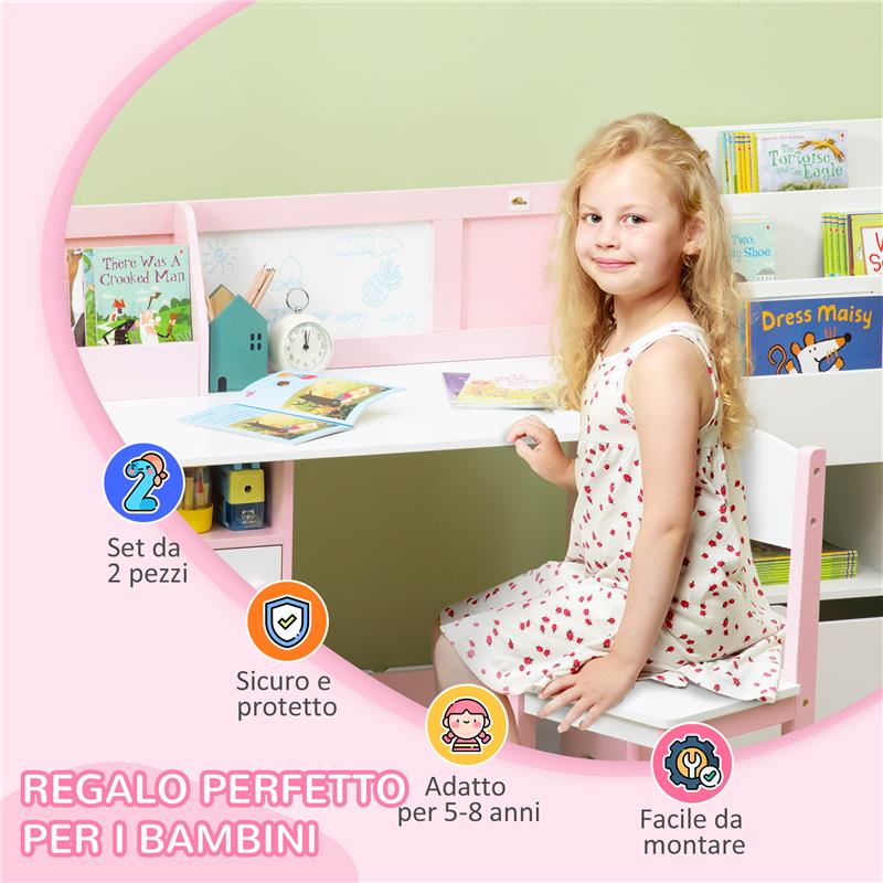 SET TAVOLO E SEDIE PER BAMBINI 5+ ANNI IN LEGNO CON BANCO SCUOLA 90X45X85 CM E SEDIA 29X29X66 BIANCO E ROSA
