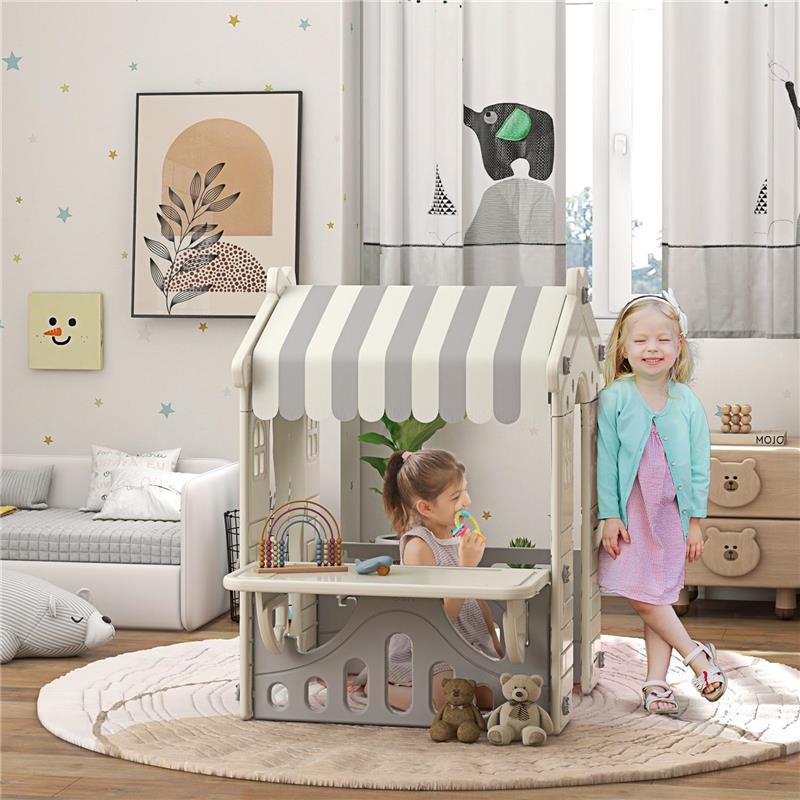 CASETTA PER BAMBINI 1-6 ANNI DA INTERNO CON PORTE FINESTRE E BANCONE DA NEGOZIO 108X80X111 CM CREMA