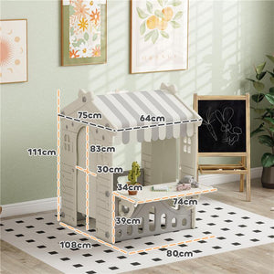 CASETTA PER BAMBINI 1-6 ANNI DA INTERNO CON PORTE FINESTRE E BANCONE DA NEGOZIO 108X80X111 CM CREMA